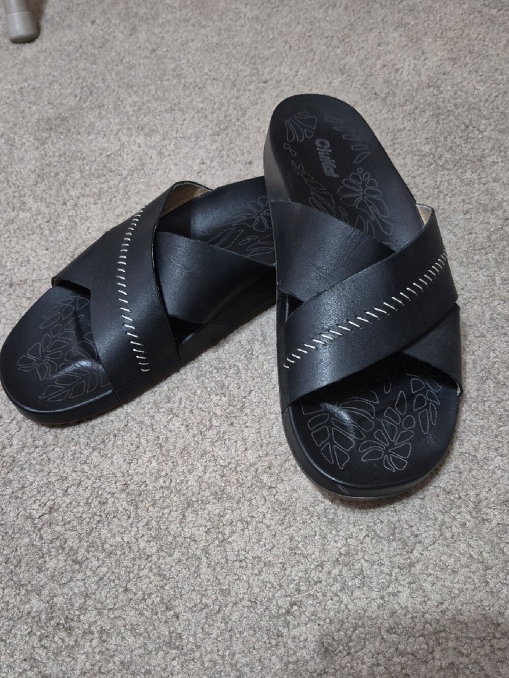 OluKai Black Crisscross Slide Sandals with Contrast Stitching - Picture 2 of 2